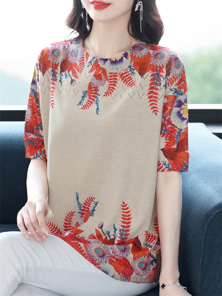 Women's Loose Floral Print Short Sleeve Knit T-Shirts