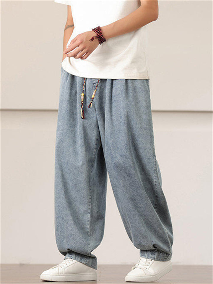 Men's Comfy Retro Trendy Solid Color Drawstring Wide Leg Denim Pants