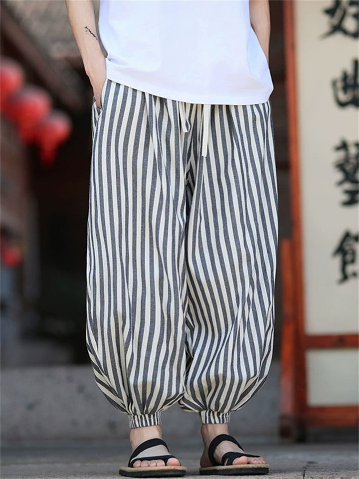 Men's Retro Summer Striped Drawstring Bloomers Jogger Pants