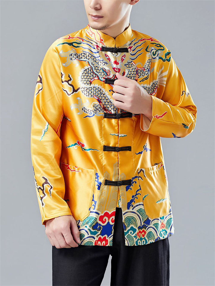 Oriental Style Loong Print Long Sleeve Cardigan Shirt for Men