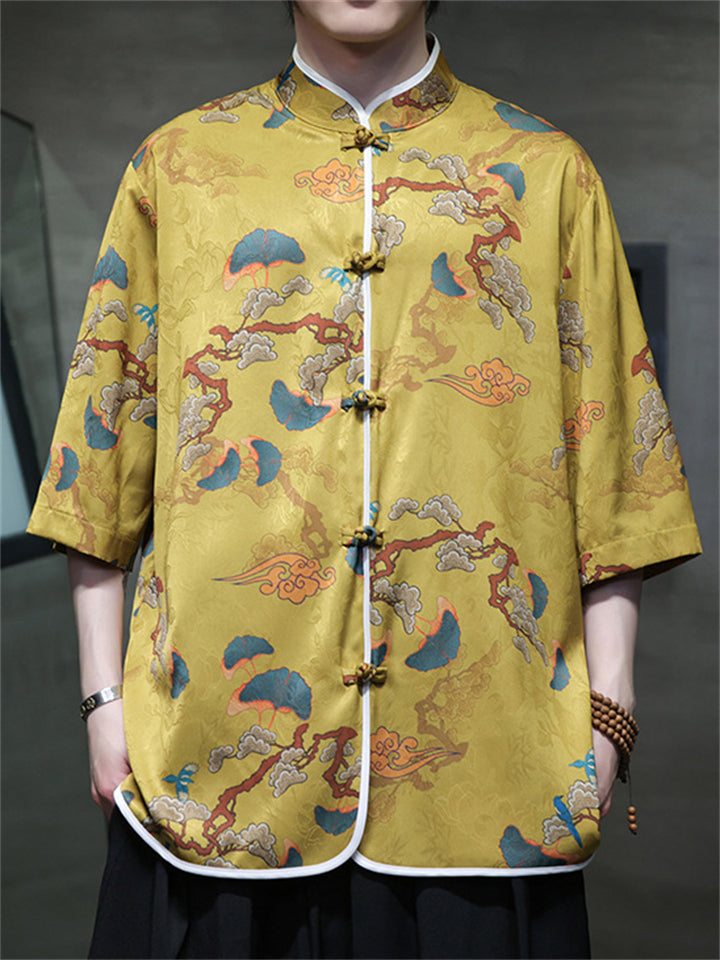 Men's Cool Print Stand Collar Half Sleeve Tang Suit Shirts