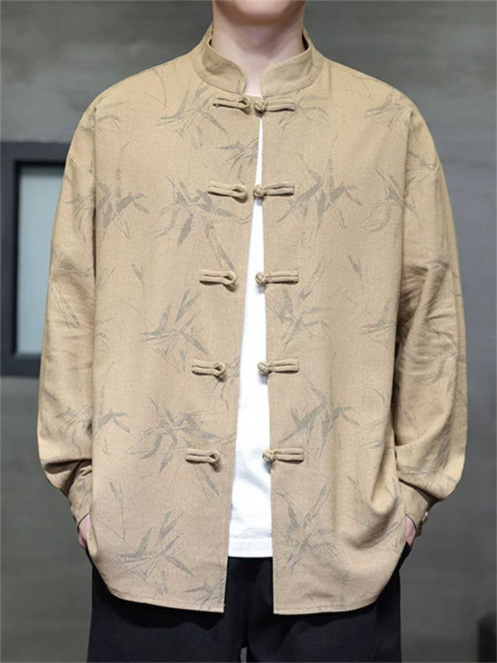 Men Chinese Style Long Sleeve Stand Collar Bamboo Print Tangsuit Shirts