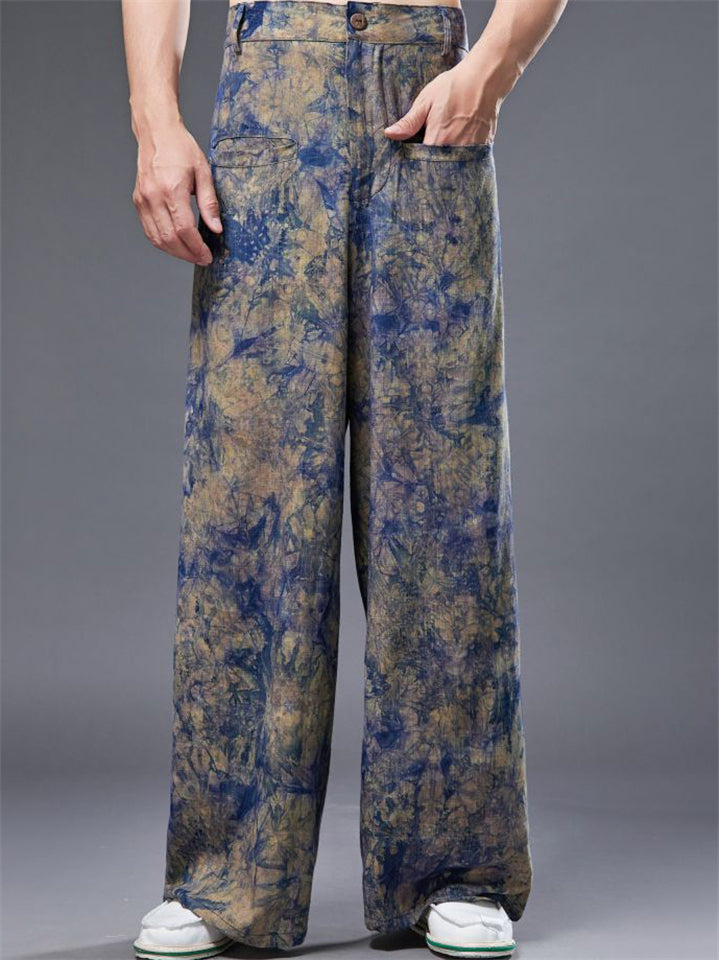 Loose Men's Chinese Style Zhua-Ran Linen Wide Leg Straight Pants