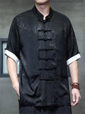 Men's Chinese Style Jacquard Short Sleeve Shirt with Stand Collar