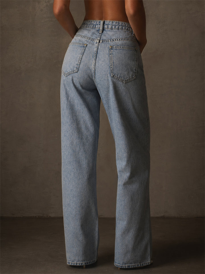 Women's Boho Sun Flower Graphic Printed Ripped Wide Leg Jeans