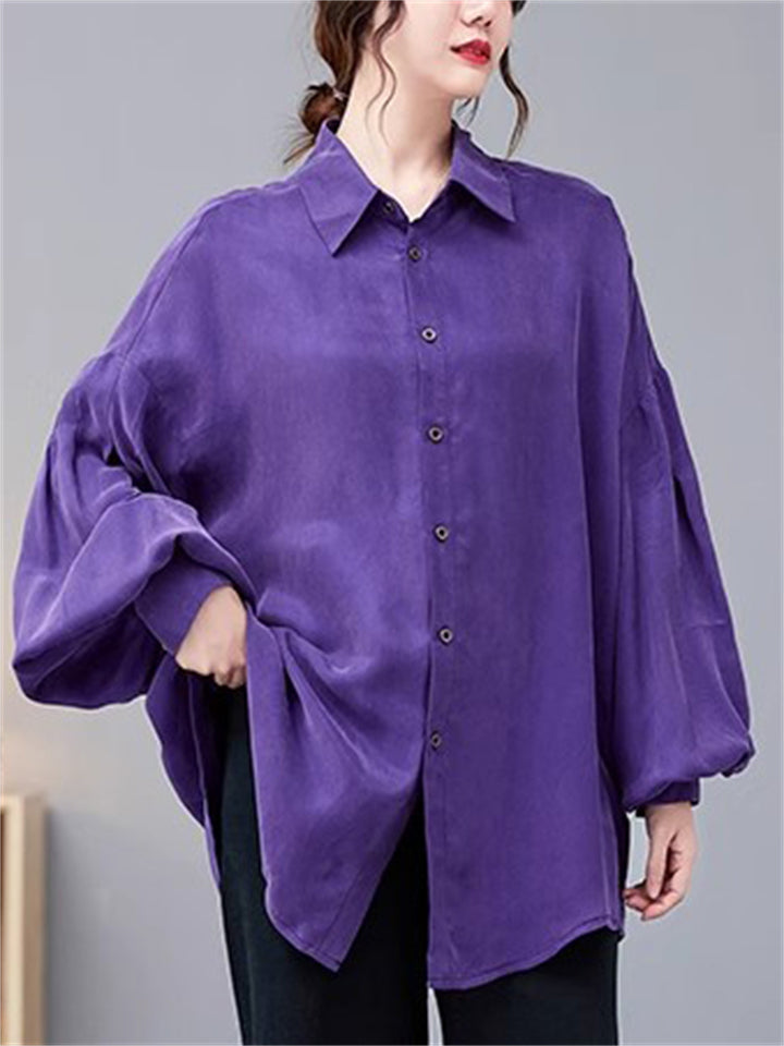 Women's Autumn Purple Elegant Loose Lapel Lantern Sleeve Shirts