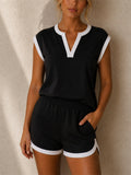 Womens Casual Contrast Trim V Notch Neck Shorts 2pc Set