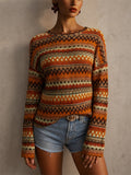 Womens Boho Rainbow Striped Geometric Crewneck Knit Top