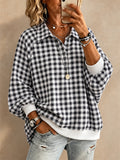 Women Gingham Plaid Shirt Half Button Long Sleeve Pullover Top