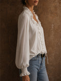 Women's White Elegant V Neck Vintage Lantern Sleeve Ruffle Blouse