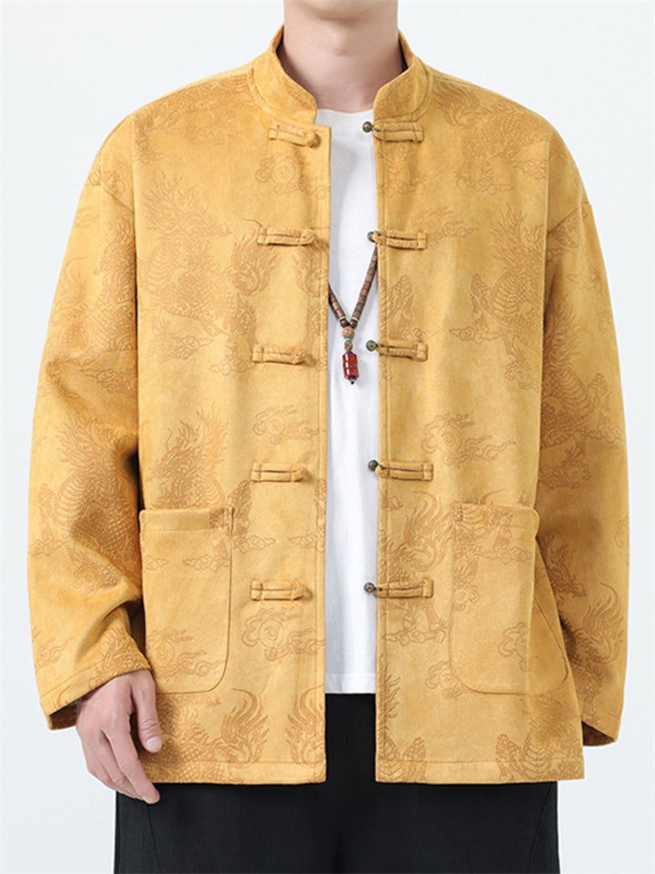 ‌Men's Chinese Style Suede Stand Collar TangSuit Jacket with Loong Jacquard