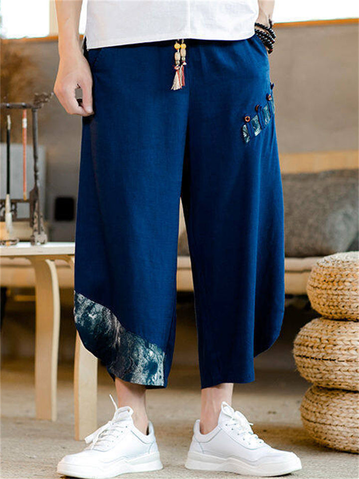 Men's Japanese Style Patchwork Drawstring Cotton Linen Wide Leg Capri Pants