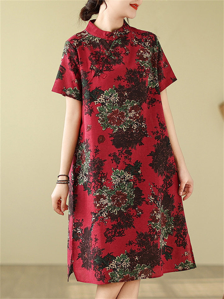 Women's Retro Flowers Print Red  A-Line Cheongsam Dress