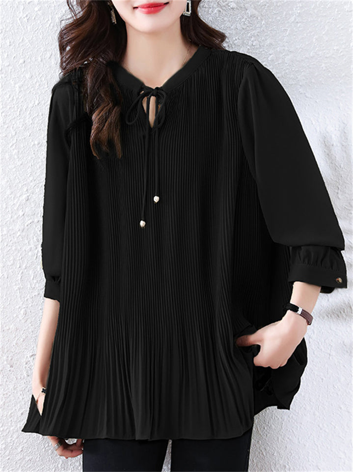 Women's Casual Solid Color Pleated Long Sleeve Shirts