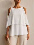 Womens Cold Shoulder Chiffon Top Layered Summer Blouse