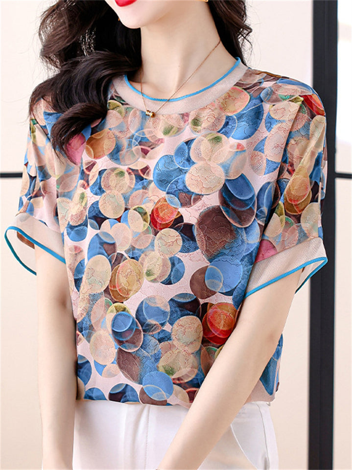 Comfy Elegant Summer Chiffon O-Neck Short Sleeve Shirt for Women