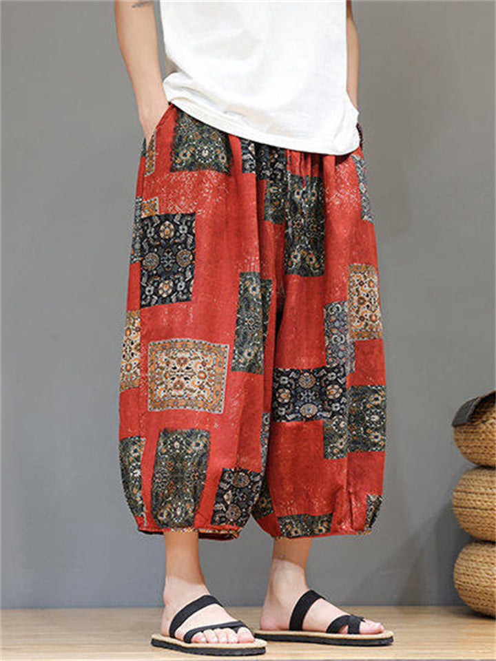 Men's Ethnic Style Contrast Color Print Beach Capri Pants