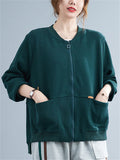 Retro Long Sleeve Zip Pockets Solid Color Jacket for Women