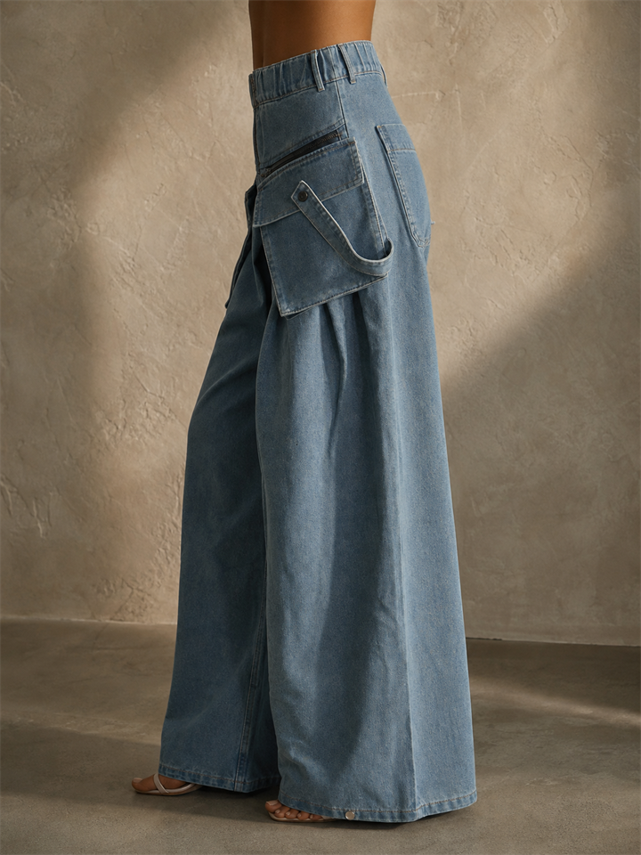 Women High Waist Cargo Wide Leg Denim Baggy Jeans