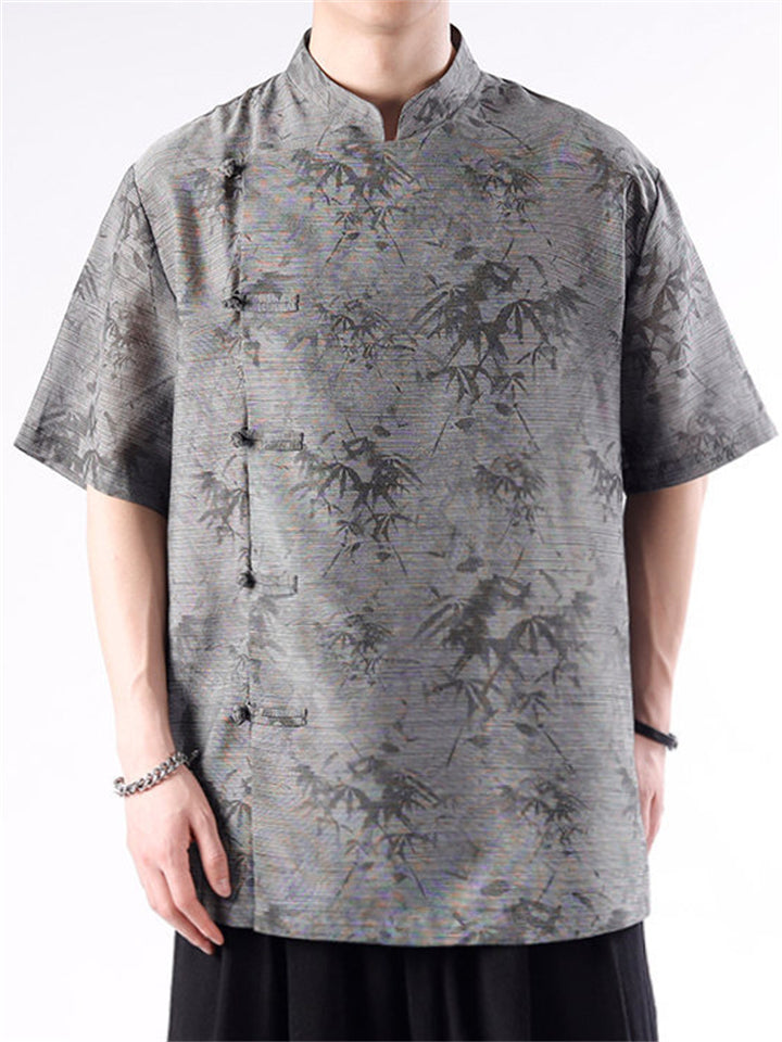Summer Men's Slant Placket Bamboo Print Short Sleeve Shirts