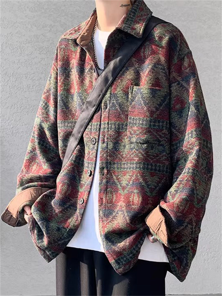 Plus Size Loose Long Sleeve Geometry Print Jackets for Men