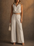 Women 2 Piece Sleeveless Polo and Geometric Wide Leg Pants Set