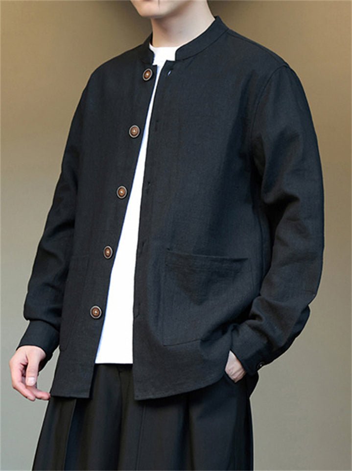 Men's Ramine Cotton Solid Color Stand Collar Fleece Lined Jacket