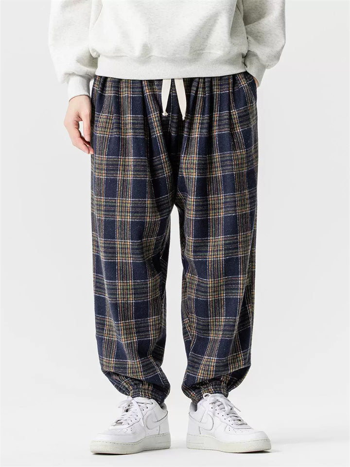 Men's Japanese Style Retro Loose Fit Elastic Waist Checkered Joggers Pants