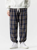 Men's Japanese Style Retro Loose Fit Elastic Waist Checkered Joggers Pants