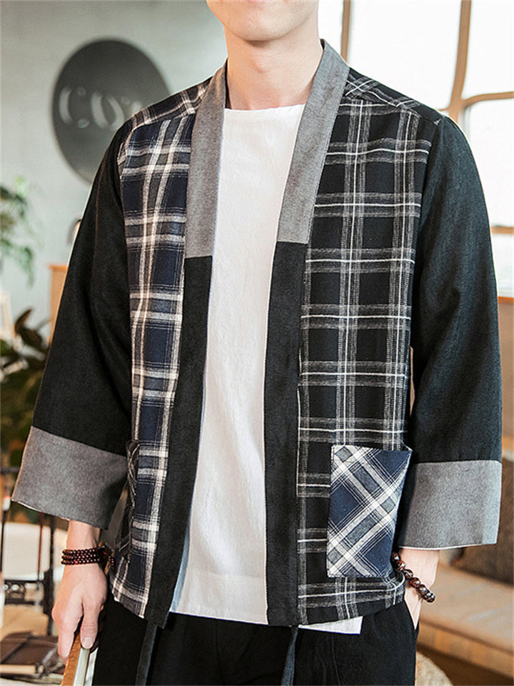 Men's Chinese Zen Style Plaid Patchwork Cardigan Jacket