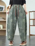Women's Flower Print Elastic Waist Harem Cropped Jeans