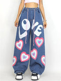Women's Trendy LOVE Hearts Print Loose Wide Leg Jeans