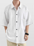 Men's Summer Casual Ramie Cotton Solid Color Pocket Lapel Shirts
