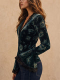 Women Vintage Floral Lace Trim V Neck Flare Sleeve Top
