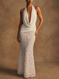Women White Backless Halter 3D Rosette Floral Maxi Dress