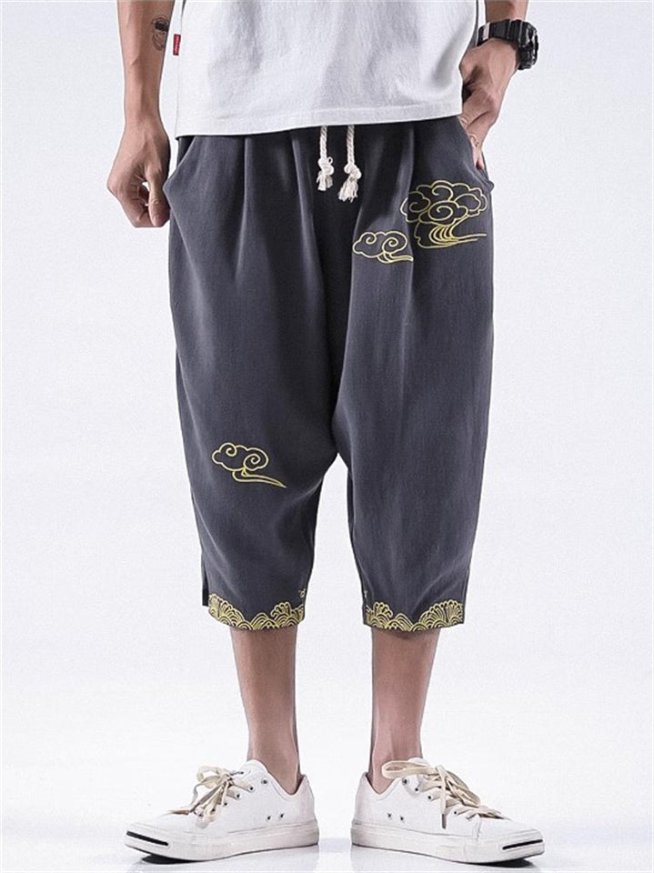 Men's Casual Cloud Print Drawstring Capri Pants