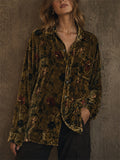 Women's Vintage Floral Print Velvet Oversized Button Down Shirt