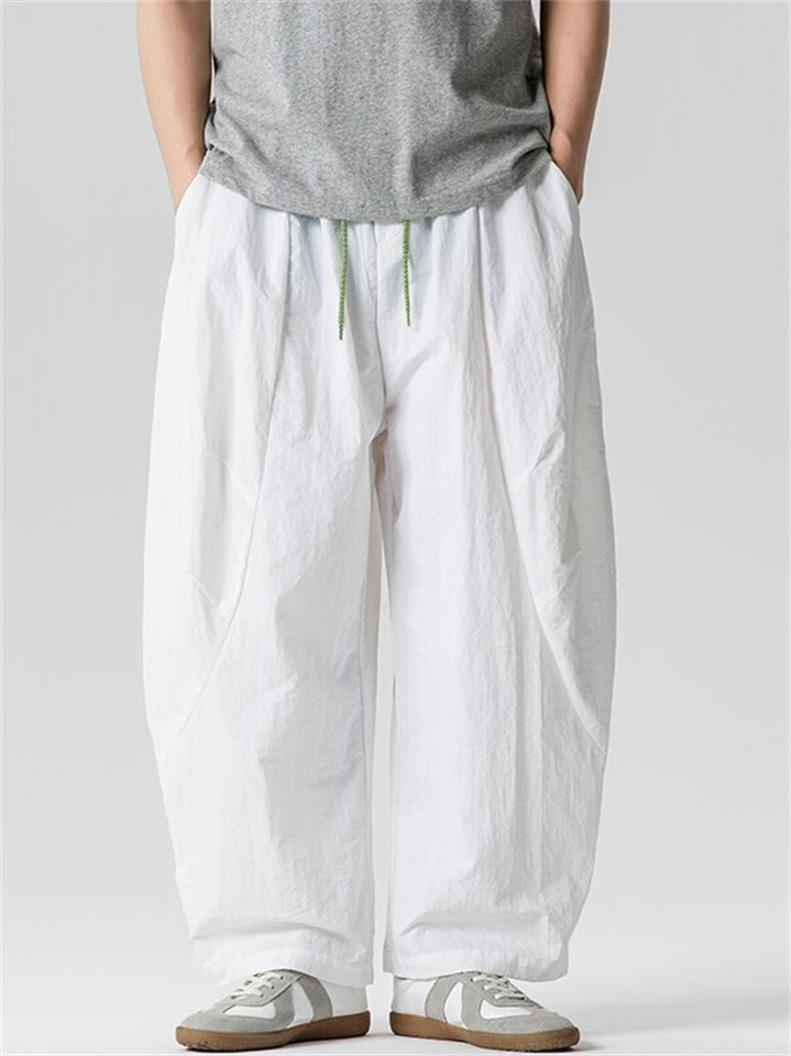 Men's Japanese Style Casual Solid Color Drawstring Wide Leg Pants