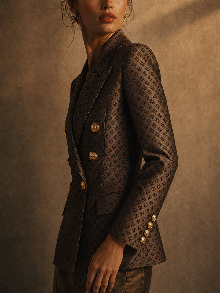 Women's Vintage Luxury Monogram Double Breasted Gold Button Blazer