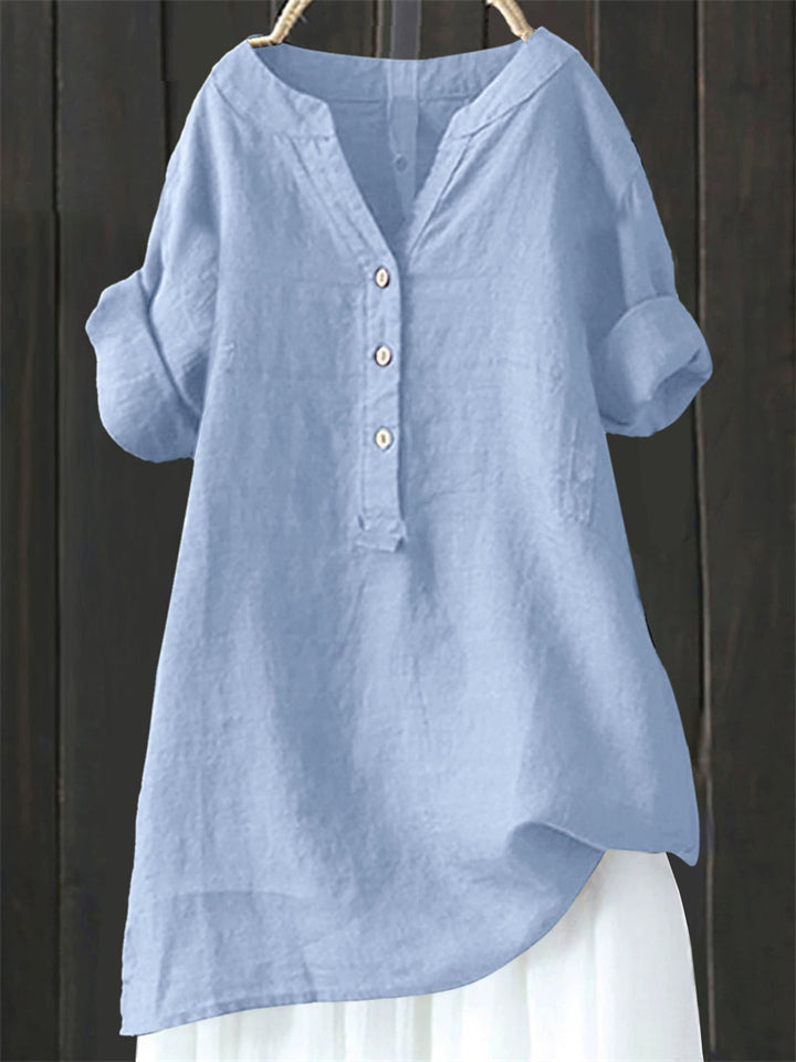 Women's Casual Retro Holiday Style Solid Color V Neck Short Sleeve Shirts