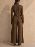 Womens Stylish Half Zip Long Sleeve Top and Wide Leg Set