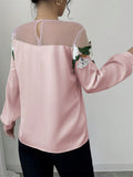 Women's Pink Mesh Patchwork Embroidered Long Sleeve Shirts