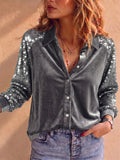 Women Sequin Velvet Button Down Long Sleeve Party Blouse