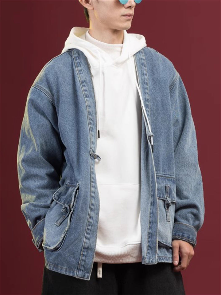 Men's Solid Color Long Sleeve Collarless Cardigan Denim Jacket