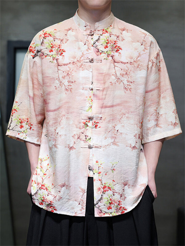 Men's Summer Retro Chinese Style Print Frog Button Half Sleeve Shirts