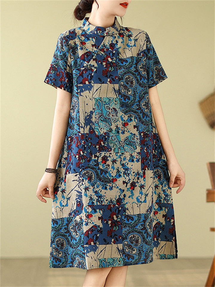 Women's Retro Ethnic Style Print A-Line Cheongsam Midi Dress