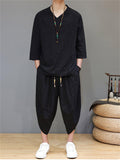 Men's 2Pcs Retro Chinese Style Casual Solid Color 3/4 Sleeve V Neck Outfits