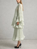 Womens Elegant High Neck Pleated Flare Sleeve Top and Tiered Maxi Skirt Set