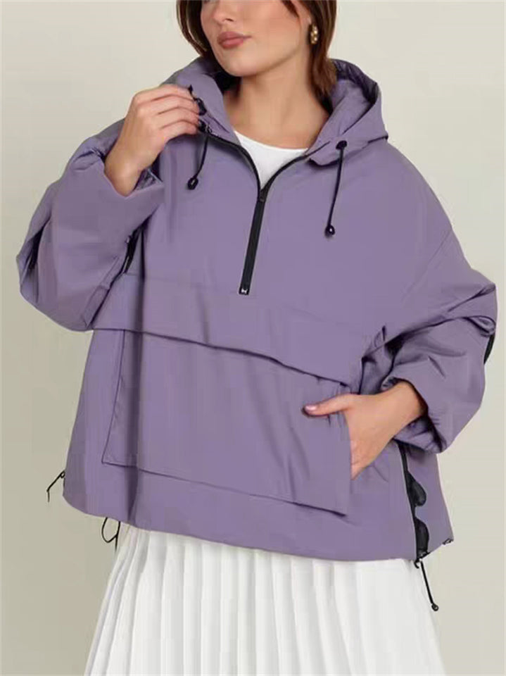 Women's Autumn Casual Solid Color Sporty Hooded Pullover Jackets