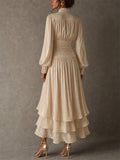 Women High Neck Long Sleeve Ruched Tiered Metallic Maxi Dress